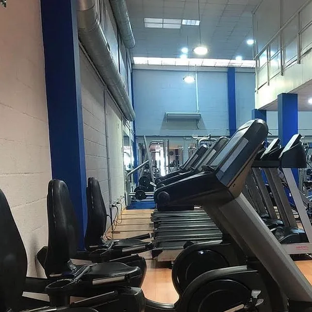 Fila de cintas y bicis junto a las columnas azules